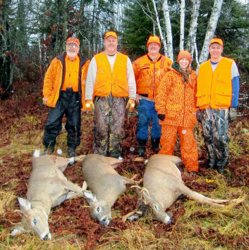 Nordberg whitetail deer camp, last day photo, 2013, 2 spikes and an 8-pointer. (2010, 12-pointer)
